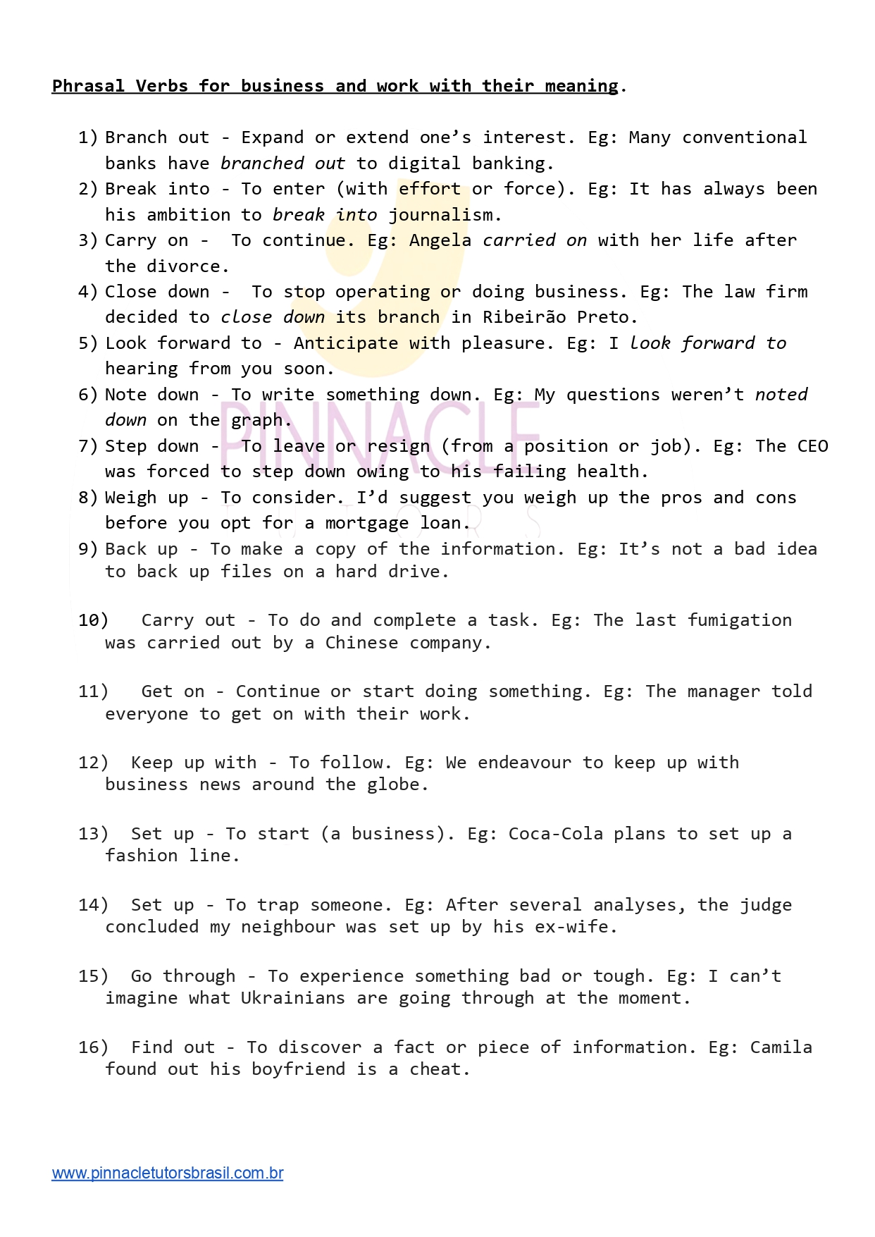30 Phrasal Verbs for business and work with their meaning